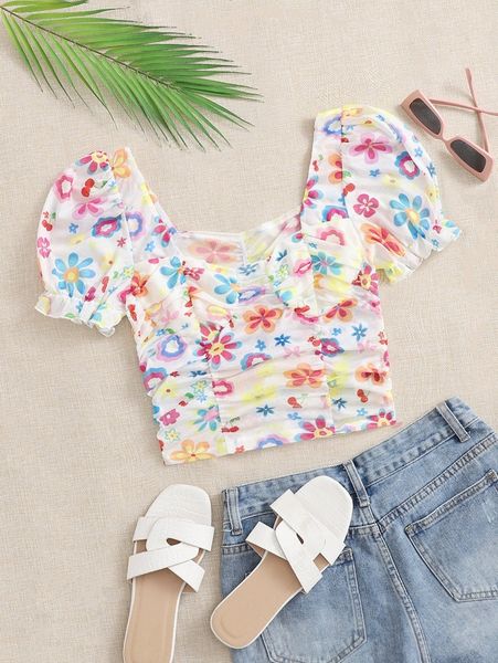 

floral print flounce sleeve ruched mesh 69c6#, White