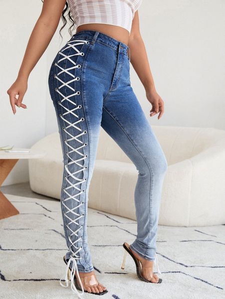 

sxy high waist lace up jeans t9jl#, Blue