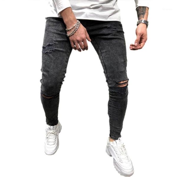 

2021 lndividual ripped jeans men skinny fashion solid color casual pencil denim pants black big size s-3xl streetwear1, Blue