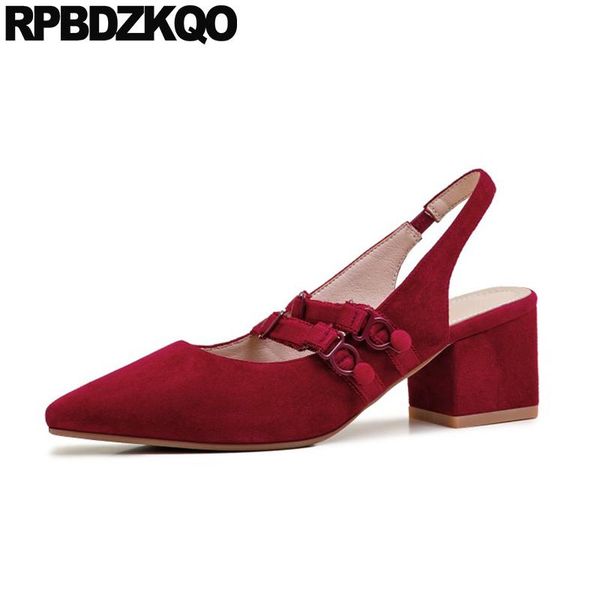 

dress shoes luxury suede block heels for women pointed toe slingback korean pumps thick sandals mary jane  42 size 33 big medium red, Black