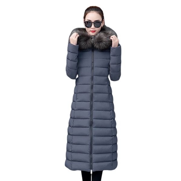 

leather collar woman jacket long clothes longer size thicken style thin parka solid female winter fashion rleg, Black