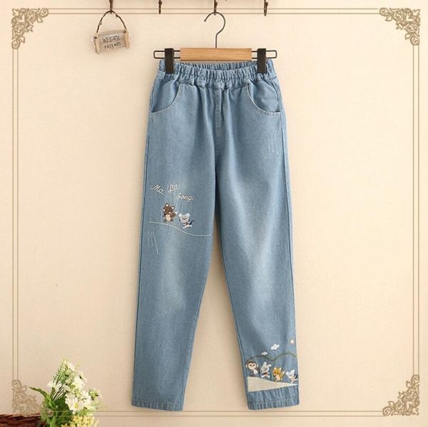 

japanese 2021 new spring animal cartoons embroidered elastic waistline casual women jeans loose brem pants straight p954 u8gg, Black;white
