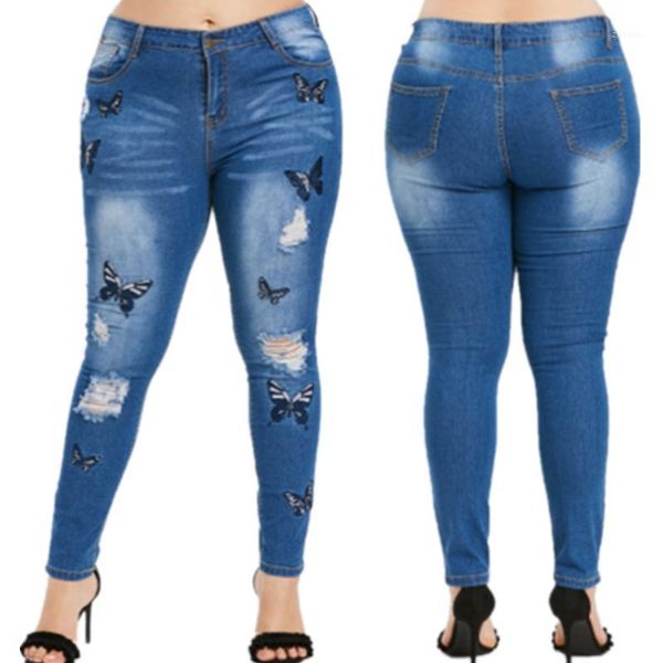 

woman pencil pants skinny high waisted plus size jeans for women 4xl 5xl 6xl ripped butterfly jeans wholesale dropshipping1, Blue