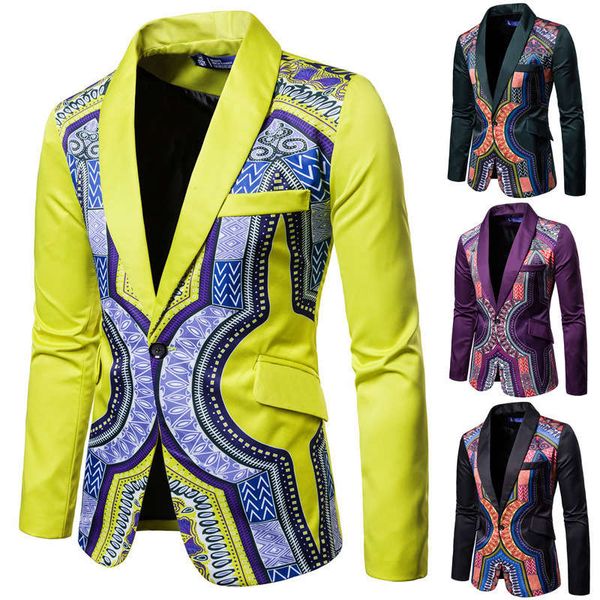 

autumn new men's one button national style print slim fit european personalized suit coat, White;black