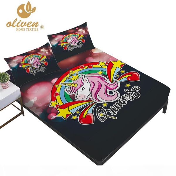 

girl sweet unicorn sheet set kids colorful cartoon rainbow print fitted sheet flat bed linens twin full  king bedding