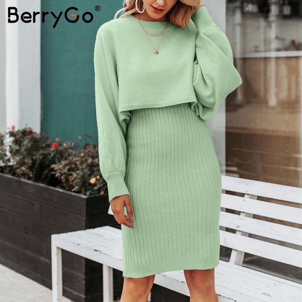 

berrygo elegant 2 pieces women knitted dress solid bodycon sweater dress autumn winter ladies pullover work wear sweater suit y200418, Black;gray