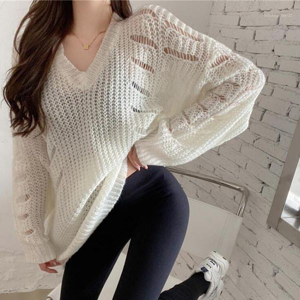 

women's sweaters 2021 autumn winter women's v-neck pullovers cutout korean oversize wild pink ladies jumpers cl7011, White;black
