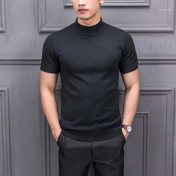 

8 colors men solid color half turtleneck short sleeve pullover sweater male fashion casual slim fit knitted weather tees shirts1, White;black