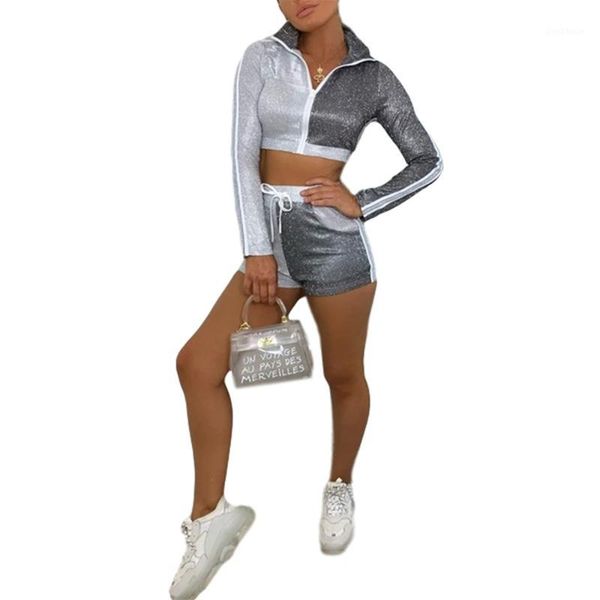 

women sports zipper front long sleeve crop short slim pants fitness exercise female shiny patchwork tracksuit1, White;black