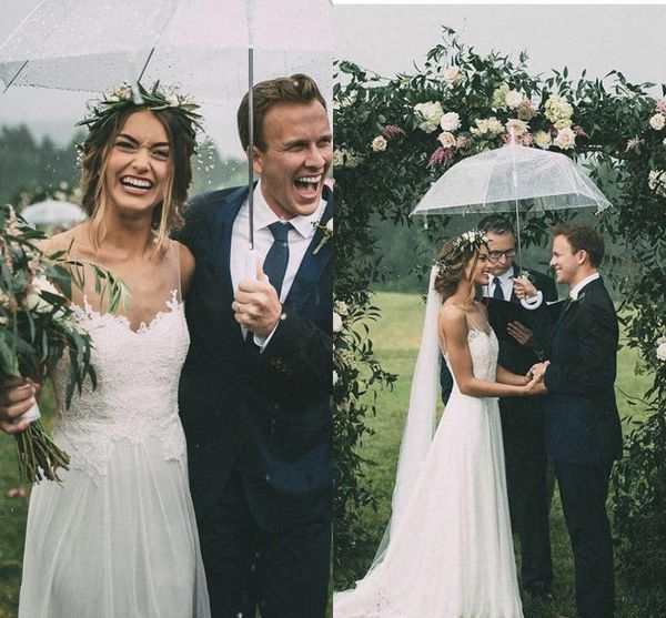 

rustic bohemian lace wedding dresses a line sheer neck country beach bridal gowns backless sweep train robes de mariee p44, White
