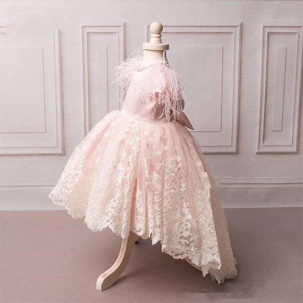 Blush cor-de-rosa flores meninas vestidos rendas penas de alto pérolas de alta pérola princesa crianças vestidos de pageant primeiro vestido de comunhão sagrado vestido de casamento vestido