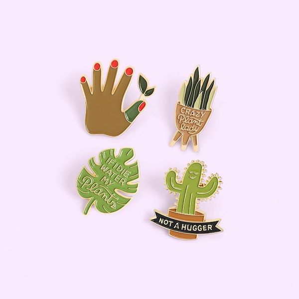 

crazy plant lady enamel pins green succulent aloe brooches bag clothes lapel pin potted plant badge jewelry gift for friends, Gray