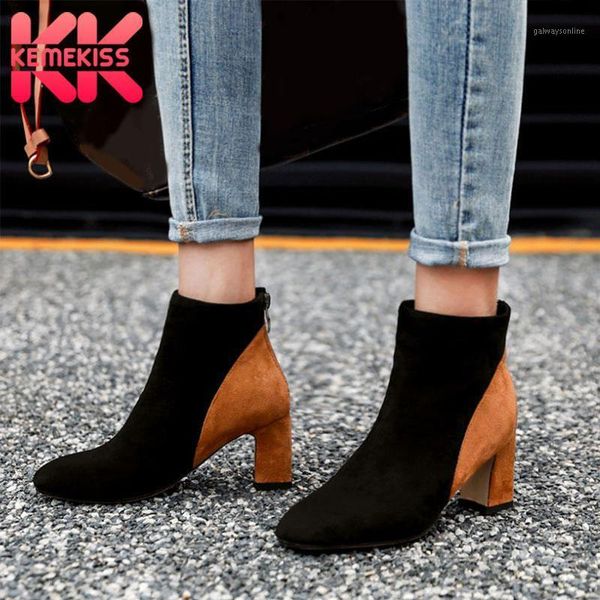 

boots kemekiss women ankle mixed color casual keep warm fur shoes back zipper square heels footwear female size 34-431, Black