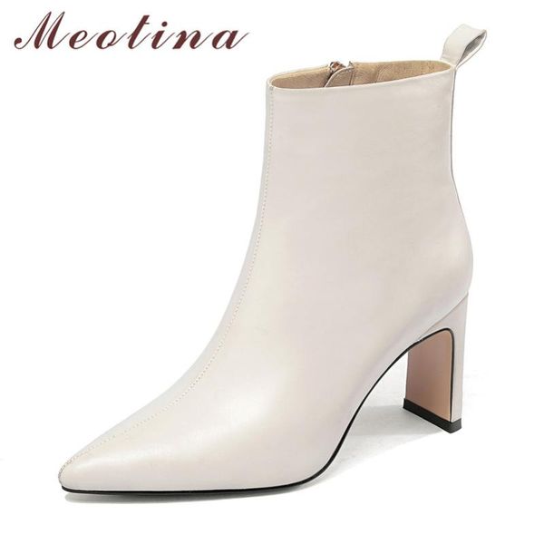 

meotina winter ankle boots women natural genuine leather block high heel short boots zipper pointed toe shoes ladies fall 34-39, Black