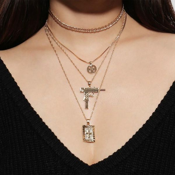 

fashionable personality cross layered necklace women gold color exaggerated multi- alloy pendant necklace 2020, Silver