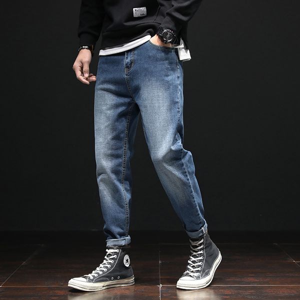 

straight jeans men's loose long pants korean fashion 9-point harun large small foot casual pants, Blue