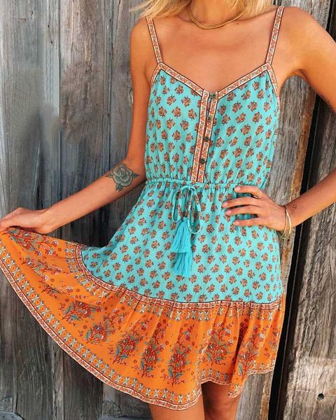 

super chic floral mini summer dress for women straps boho beach dress buttons drawstring waist bohemian cute women, Black;gray