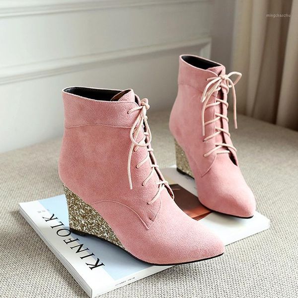 

boots winter womens ankle wedge heel lace up pointed toe suede shoes super high heels sequins plush lining warm t1341, Black