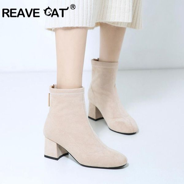 

boots reave cat winter ankle for women round toe square heel zipper flock big casual size 33-43 beige black