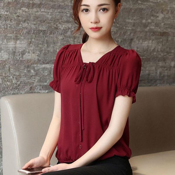

women's blouses & shirts women summer style chiffon shirt short sleeve red blue color loose plus size df3539, White