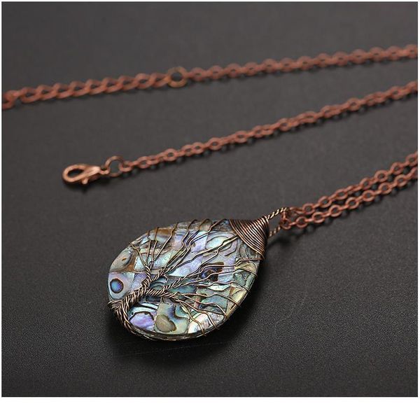 

new zealand abalone mop shell teardrop pendant bead natural gem water drop paua necklace women men handmade wire wrapped jlljyu, Black