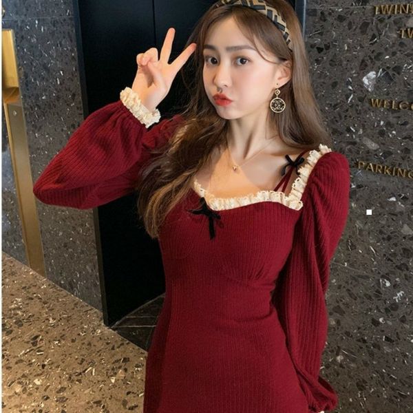 

new 2021 spring female sweater knitted-out black chic ladies lace turtleneck square dress y245 g2jj bxpa, Black;gray