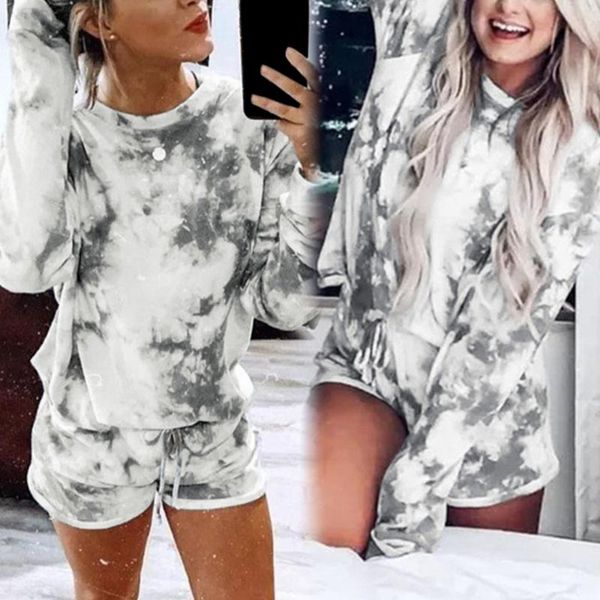 

creative tie dye women set 2pcs casual o neck t shirt loose lace up shorts autumn ladies homewear suit, Gray