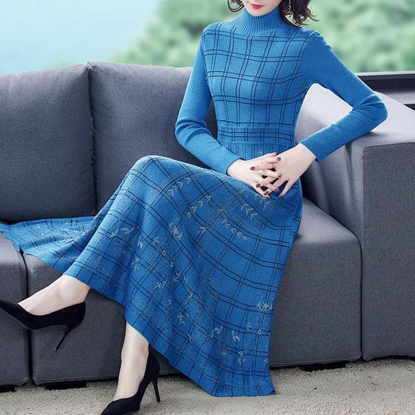 

casual dresses 2021 autumn winter women knitted sweater base dress runway fashion plaids elegant slim long, Black;gray
