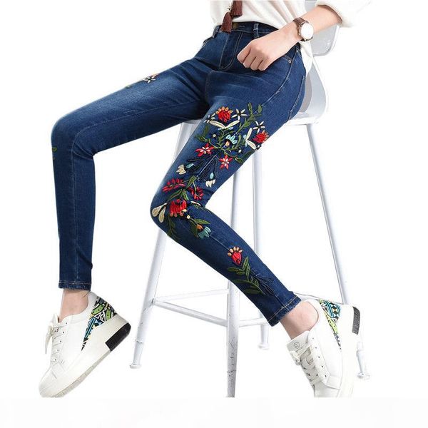 

plus size 4xl flowers embroidery jeans woman vintage pencil pants high waist skinny women jeans long pants trousers women c3887, Blue