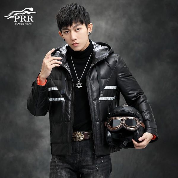 

winter 2020 new sheepskin leather down jacket men's heining leather hooded short and handsome jacket, Black