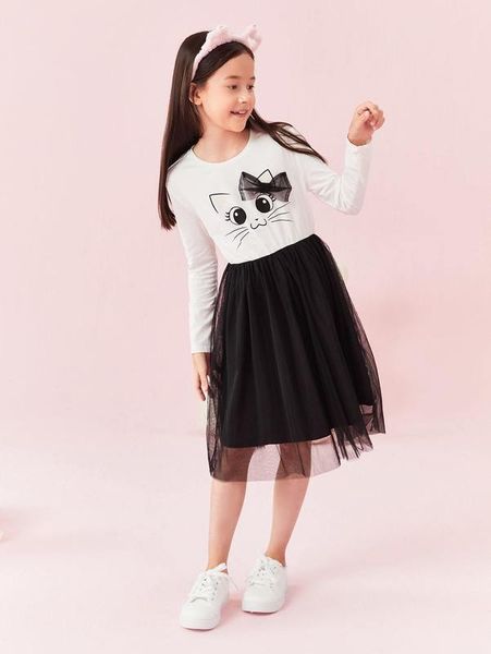 

girls bow detail cat print mesh overlay dress she, Red;yellow