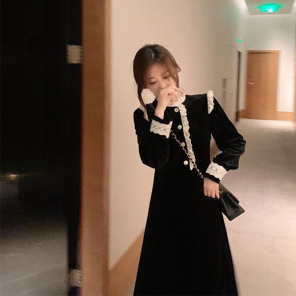 

winter spring women pleuche dress patckwork velvet long one piece dress korean slim long sleeve patchwork a-line stand collar, Black;gray