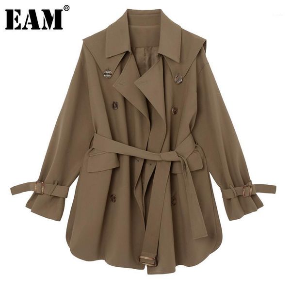 

eam] women khaki brief big size trench new lapel long sleeve loose fit windbreaker fashion tide spring autumn 2021 1dd05301, Tan;black