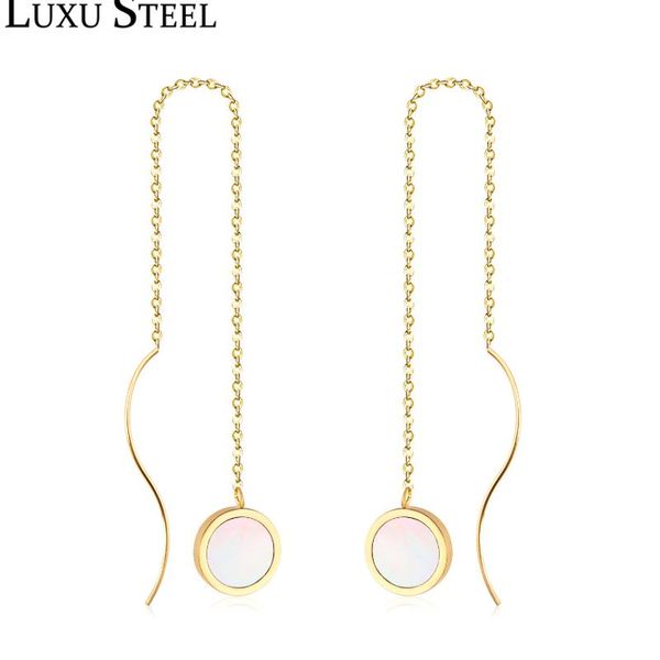 

luxusteel gold round white shell chains drop earrings stainless steel long tassel dangles earring n pendientes brincos 2020, Silver
