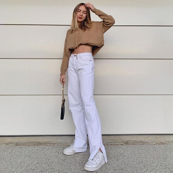 

rockmore split straight korean jeans wide baggy harajuku leg high women waist leg plain pockets casual style pants denim joggers oqmvu, Black
