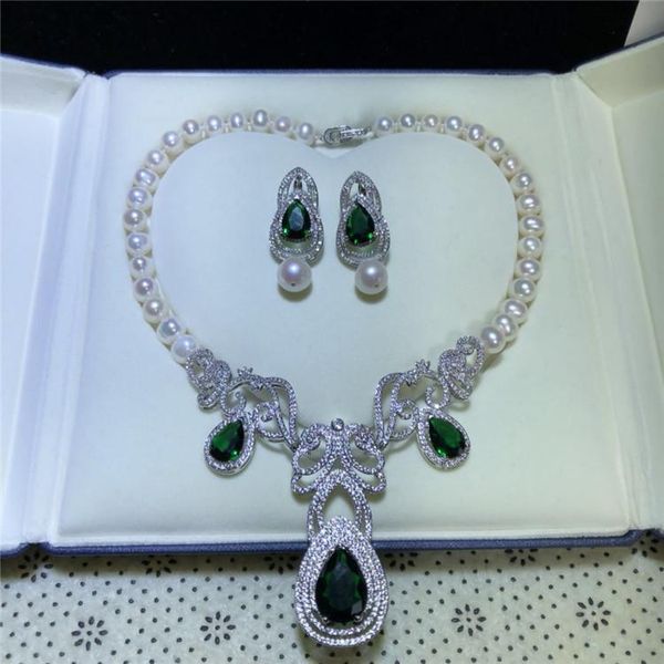 

micro inlay green zircon clasp accessory luxury freshwater pearl earrings necklace set fashion jewelry, Silver