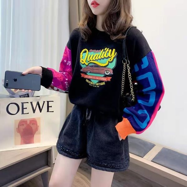 

2020 fashion korean autumn/winter women's print stitching sweater fashion round collar design sense small number of fleece hoodie black