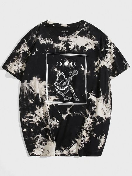 

men tie dye frog & moon print tee l2jf#, White;black