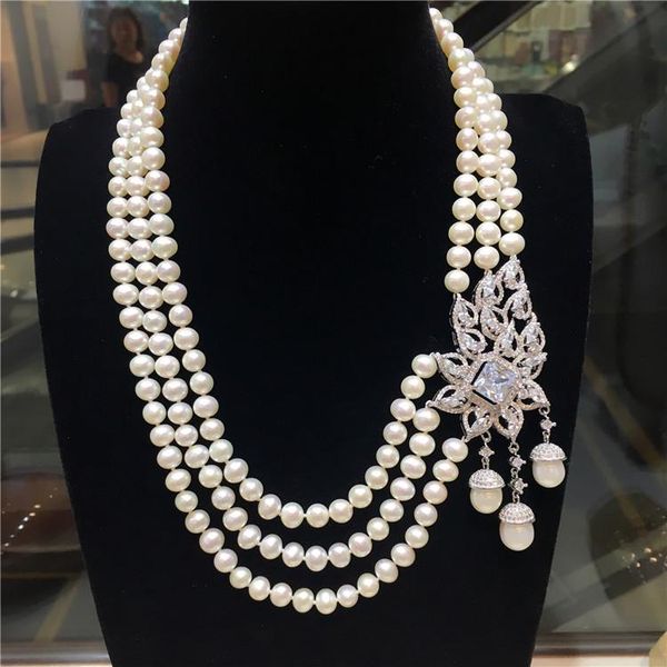 

chains 22" 3 strands fresh water cultured pearl necklace cz pendant, Silver