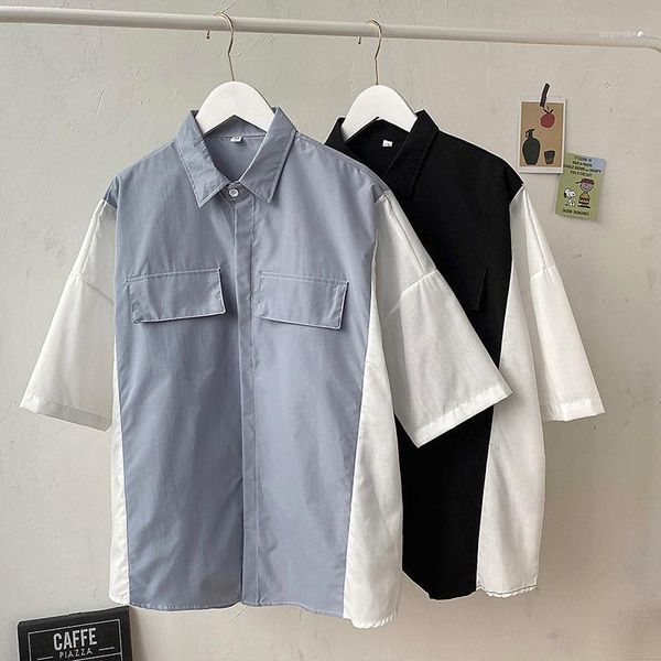 

summer cotton shirt men's fashion contrast color business casual dress shirt men streetwear wild loose short sleeve -2xl1, White;black