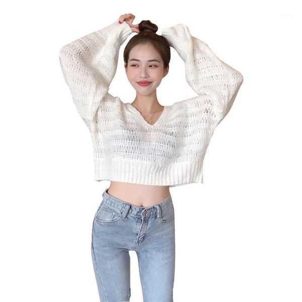

women crop loose thin pullover v-neck sweater long sleeve for girls1, White;black