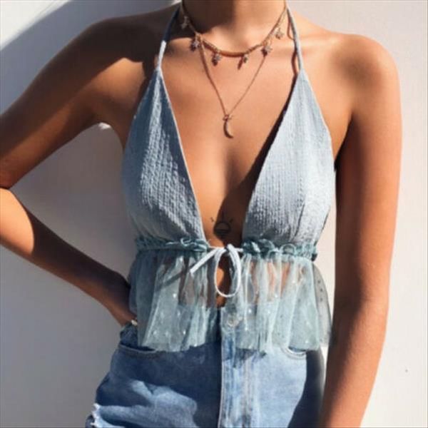 

women sleeveless crop backless vest v neck halter short bralette bustier mesh ruffles camis, White
