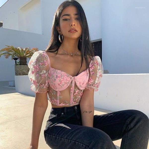 

square neck pink mesh embroidery blouse puff sleeve summer women print fashion transparent cropped bustier summer shirt1, White