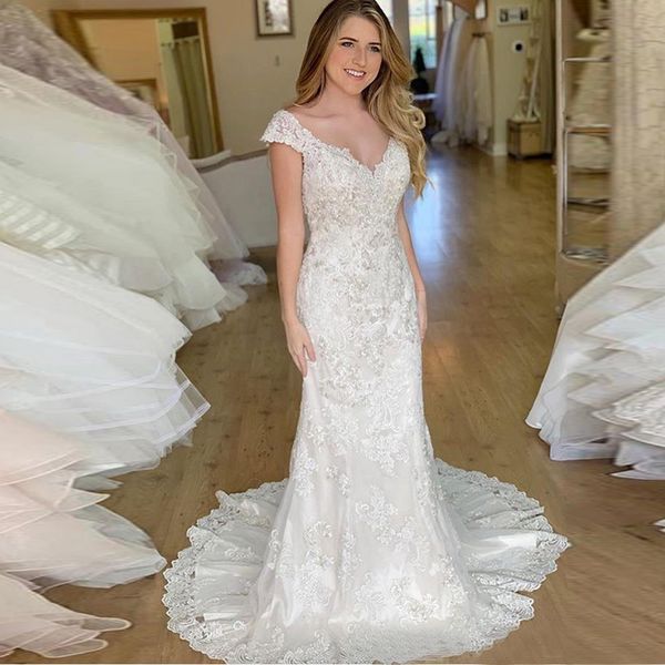 

lover kiss wedding dresses mermaid lace bridal gowns 2020 round backless court train v neck simple vestidos de noiva cap sleeves, White