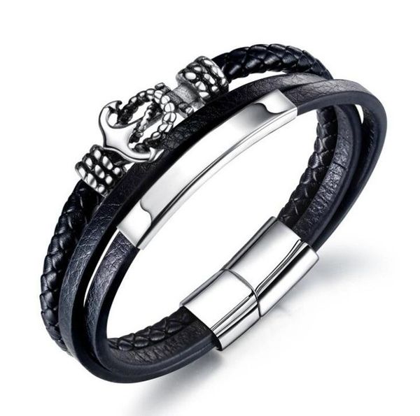

charm bracelets classic stainless steel anchor multilayer leather genuine braided men punk jewelry, Golden;silver