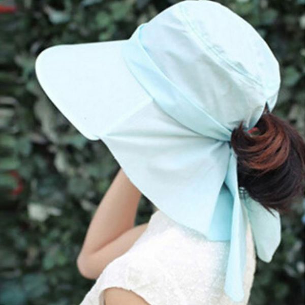 

summer biking anti-uv shade daily women sun hat foldable polyester sunscreen big edge lightweight beach wind rope casual, Blue;gray