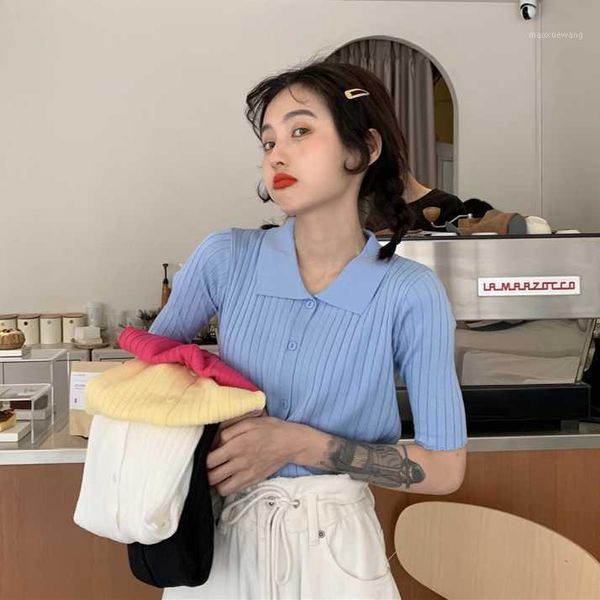 

2020 women elegant and casual plunge neck short sleeve knitted shirt crop, White