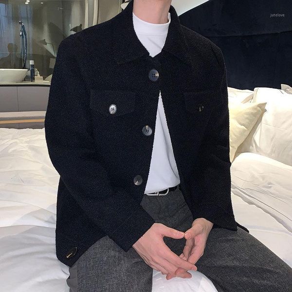 

2020 autumn and winter new youth fashion men's loose solid color short woolen jacket fashion casual lapel black m-2xl1