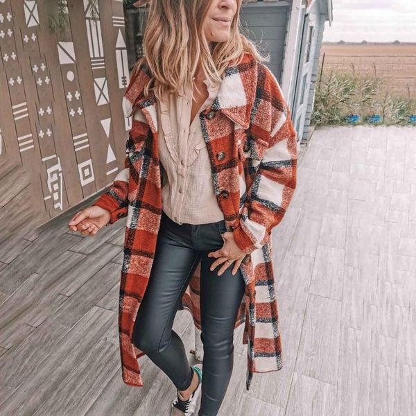

women's wool & blends winter coat plaid print outerwear ladies fashion female long over-knee lapel padded warm clothes woolle coat#1127, Black