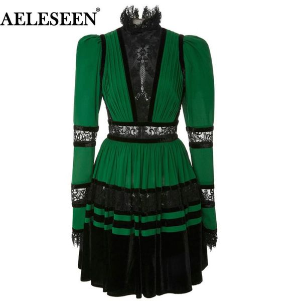 

aeleseen dress 2021 new autumn fashion green stand puff long sleeve lace patchwork ruffles pleated vintage dress, Black;gray